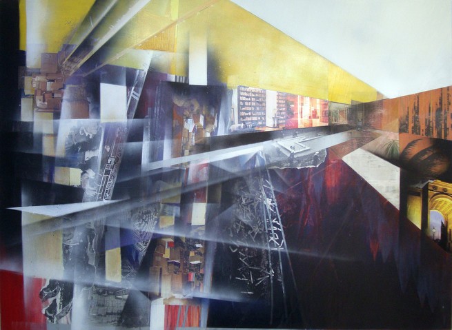Moving On, Paint & collage on canvas, 44 x 60 inches, 2012<br class=