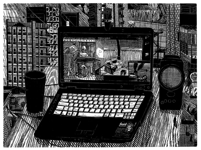 Laptop 2010 woodcut on paper paper size: 55,0 x 71,5 cm print size: 45 x 60 cm edition of 12<br class=