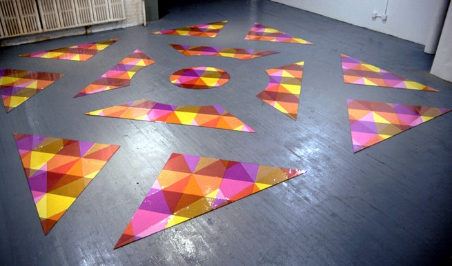 Rainbow Floor<br/>5.48m x 5.48m <br/>masonite, floor tiles, vinyl<br/>