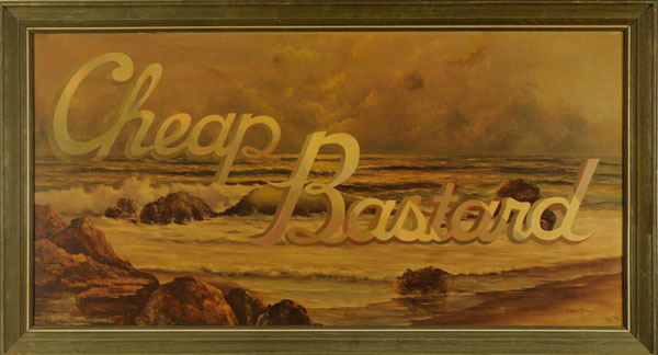 Wayne White, Cheap Bastard, 2009<br/>Acrylic on offset lithograph, framed<br/>27 x 52 inches<br/>