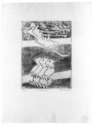 Maria Lassnig, Strassenbild, 1987<br/>Etching, drypoint, aquatint<br/>53,5 cm x 39 cm, Edition: 20 + 5 AP<br/>