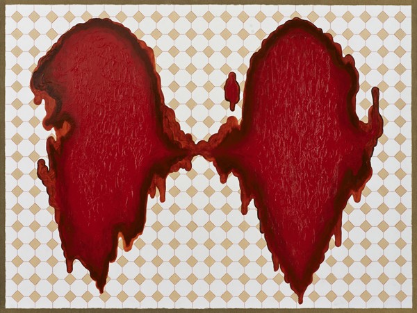 Bloody Doormat<br/>2013<br/>oil, acrylic and red lead on panel<br/>